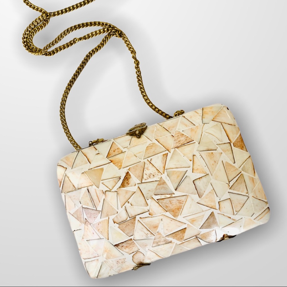 Sea Shell Box Clutch Purse With Bronze Chain